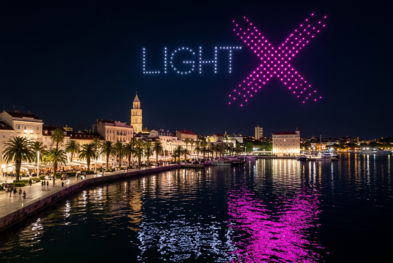 LightX drone formation spelling LIGHT X above the Split riva at night