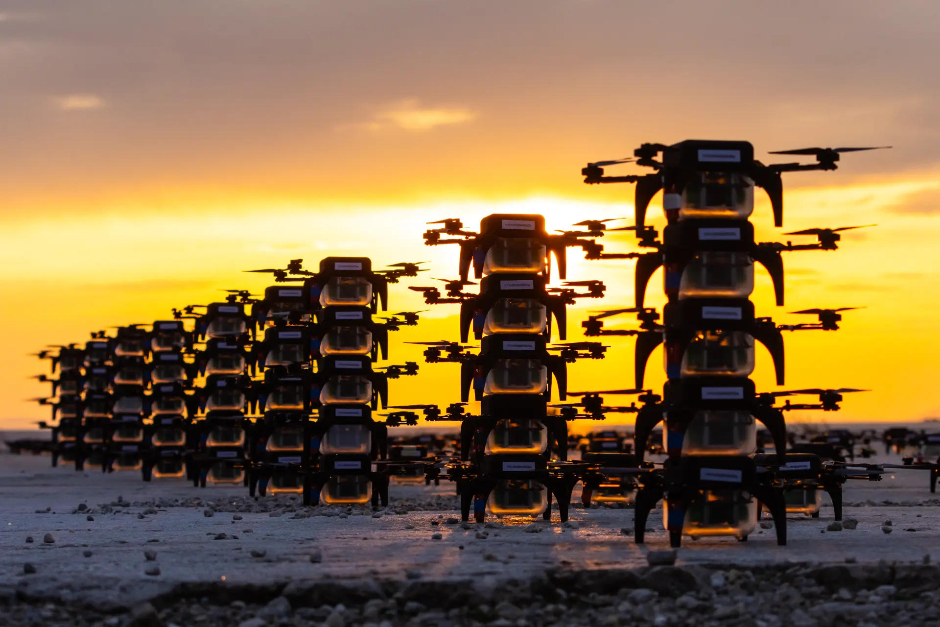 LightX drone fleet on the launch grid at sunset